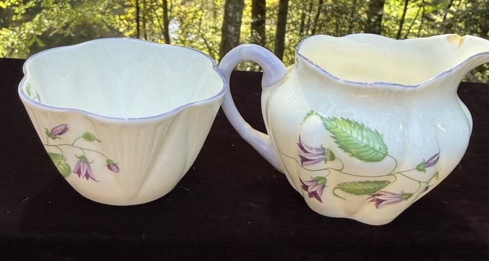 Antique Shelley Creamer & Sugar Set England Campanula Dainty Floral Purple Rare!